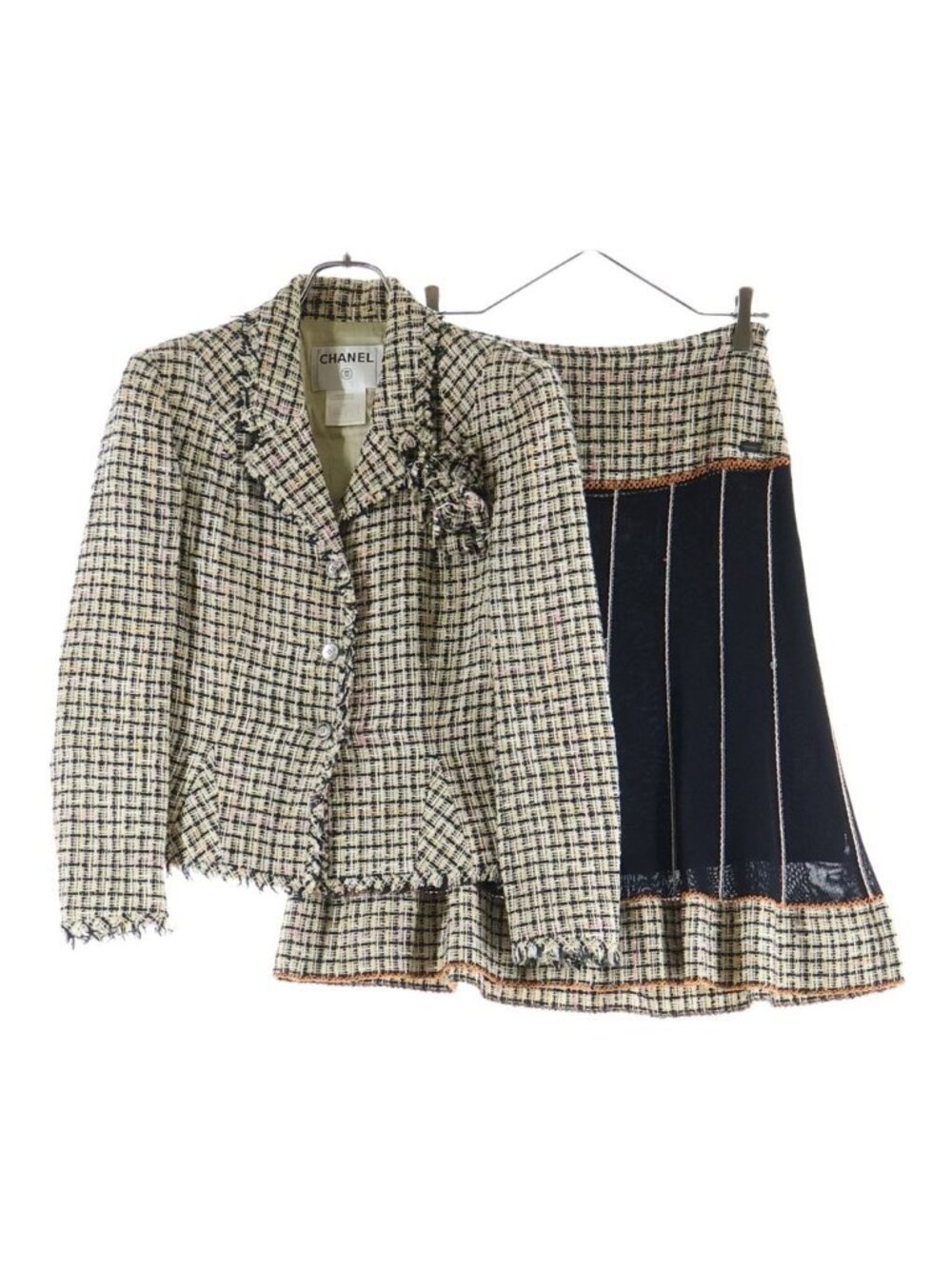 Chanel 03P Set Tweed Check All Over Print with Corsage Tailored Jacket Striped